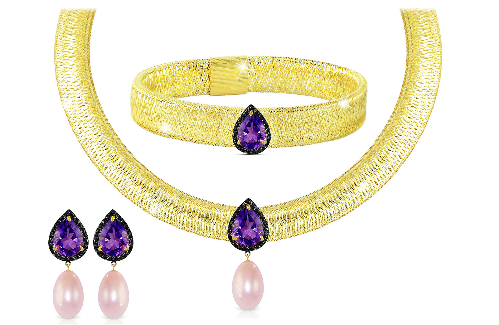 Vera Perla 18K Gold 0.48ct Black Diamonds, Amethyst and 13mm Purple Pearl Jewelry Set - 3 pcs.